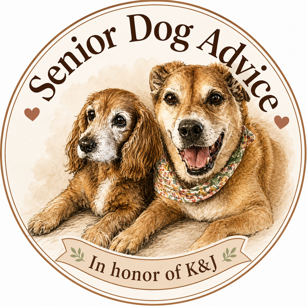 Senior Dog Advice logo — circular watercolor badge featuring Kamila a Cocker Spaniel and Jere a Shepherd mix, with the tagline In honor of K&J